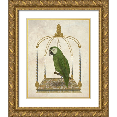 Green Parrot on Swing Gold Ornate Wood Framed Art Print with Double Matting by Fab Funky