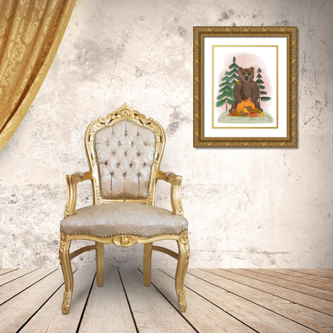 Autumn Bear and Pumpkin Gold Ornate Wood Framed Art Print with Double Matting by Fab Funky