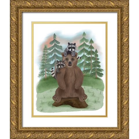 Bear and Raccoon Friends Gold Ornate Wood Framed Art Print with Double Matting by Fab Funky