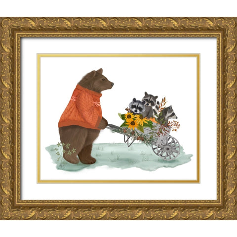 Bear and Raccoons in Wheelbarrow Gold Ornate Wood Framed Art Print with Double Matting by Fab Funky
