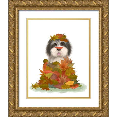 Landed in Autumn-Black and White Dog Gold Ornate Wood Framed Art Print with Double Matting by Fab Funky