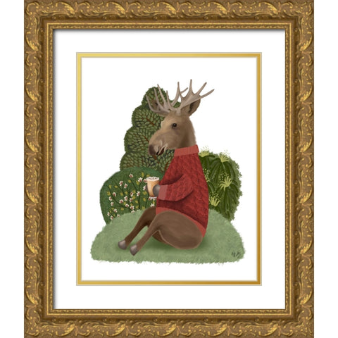 Latte Moose in Sweater Gold Ornate Wood Framed Art Print with Double Matting by Fab Funky