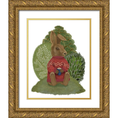 Latte Rabbit in Sweater Gold Ornate Wood Framed Art Print with Double Matting by Fab Funky