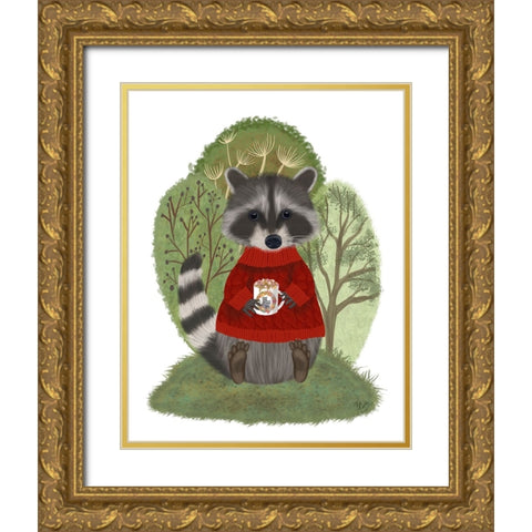 Hot Chocolate Raccoon Gold Ornate Wood Framed Art Print with Double Matting by Fab Funky
