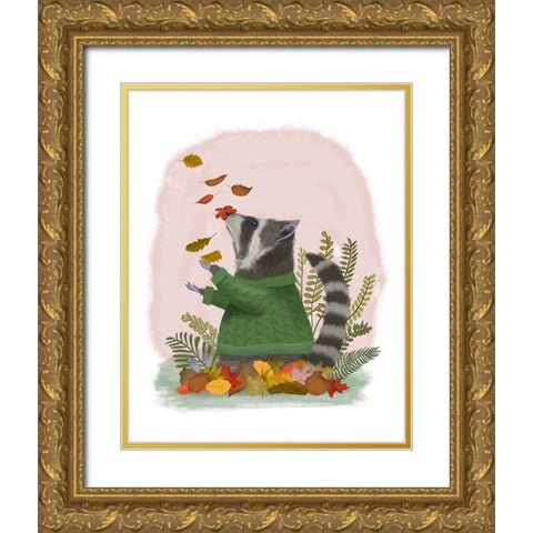 Raccoon Catching Leaves Gold Ornate Wood Framed Art Print with Double Matting by Fab Funky