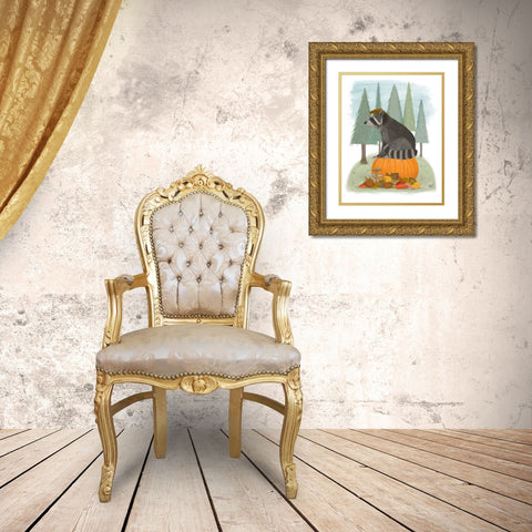 Raccoon On Pumpkin Gold Ornate Wood Framed Art Print with Double Matting by Fab Funky
