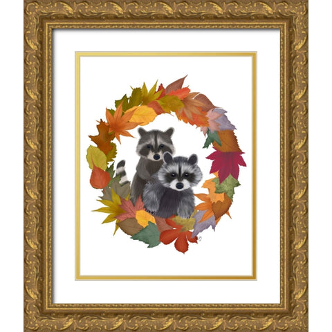 Raccoons Autumn Leaf Wreath Gold Ornate Wood Framed Art Print with Double Matting by Fab Funky