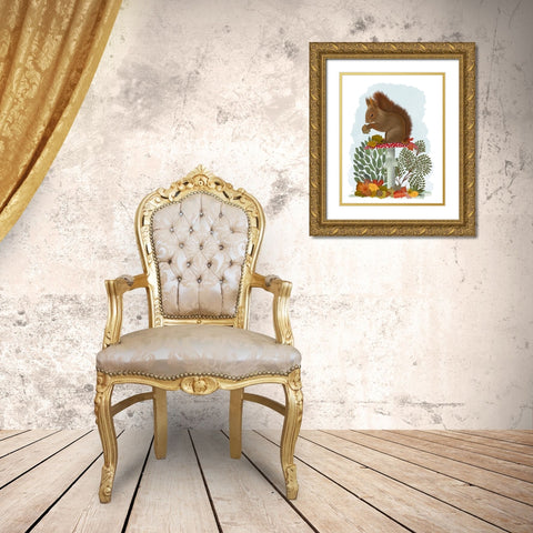 Red Squirrel On Mushroom Gold Ornate Wood Framed Art Print with Double Matting by Fab Funky