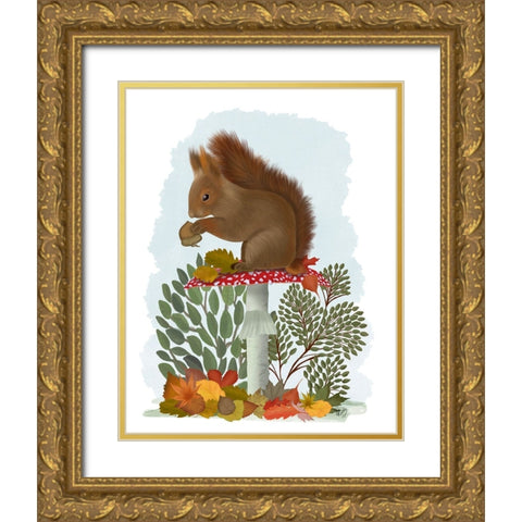 Red Squirrel On Mushroom Gold Ornate Wood Framed Art Print with Double Matting by Fab Funky