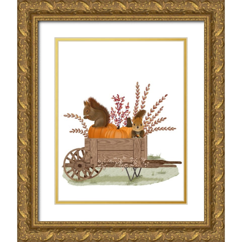 Squirrels In Pumpkin Wheelbarrow Gold Ornate Wood Framed Art Print with Double Matting by Fab Funky