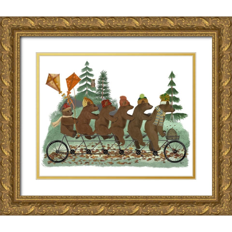 Bear Family Autumn Bike Ride Gold Ornate Wood Framed Art Print with Double Matting by Fab Funky