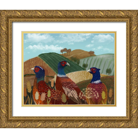 Pheasant Trio in Field Gold Ornate Wood Framed Art Print with Double Matting by Fab Funky