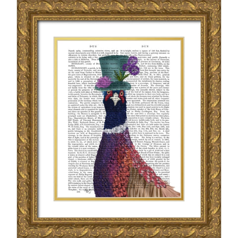 Pheasant in Blue Hat Gold Ornate Wood Framed Art Print with Double Matting by Fab Funky