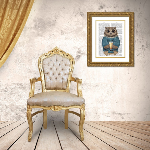 Latte Owl in Sweater Gold Ornate Wood Framed Art Print with Double Matting by Fab Funky