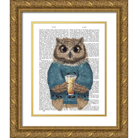 Latte Owl in Sweater Gold Ornate Wood Framed Art Print with Double Matting by Fab Funky