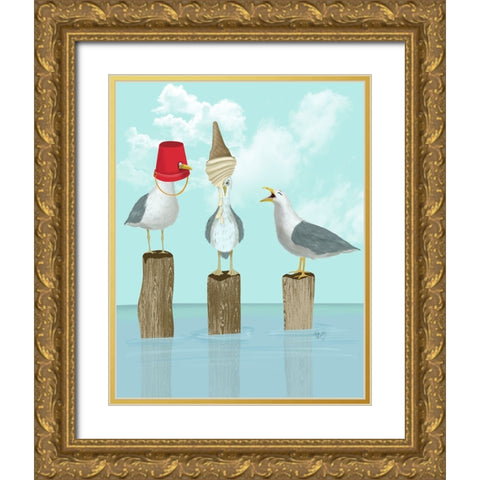Silly Seagulls Gold Ornate Wood Framed Art Print with Double Matting by Fab Funky