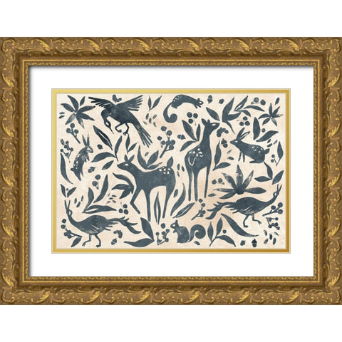 Woodland Woodblock Collection A Gold Ornate Wood Framed Art Print with Double Matting by Vess, June Erica