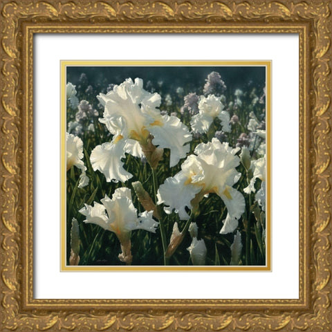 White Iris Garden - Square Gold Ornate Wood Framed Art Print with Double Matting by Bogle, Collin
