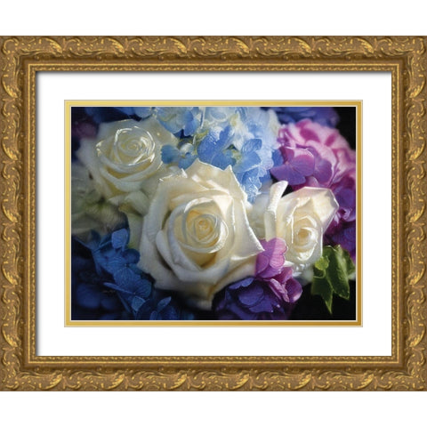 White Roses - Dancing Light Gold Ornate Wood Framed Art Print with Double Matting by Bogle, Collin