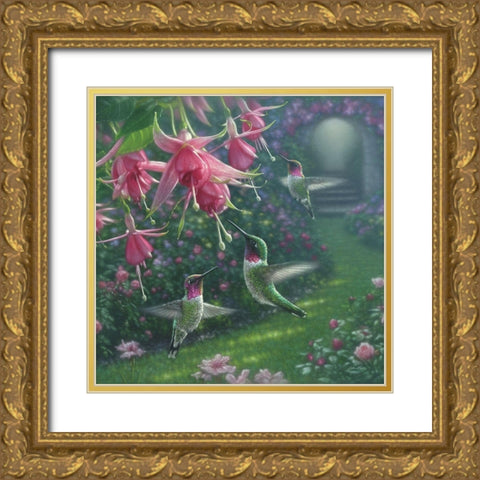 Hummingbird Haven - Square Gold Ornate Wood Framed Art Print with Double Matting by Bogle, Collin