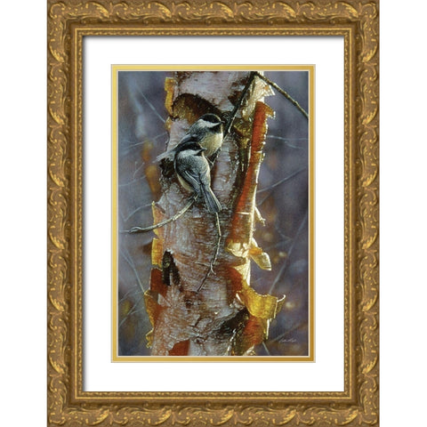 Black-Capped Chickadees - Sunlit Birch Gold Ornate Wood Framed Art Print with Double Matting by Bogle, Collin