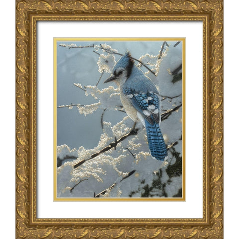 Blue Jay - On the Fence Gold Ornate Wood Framed Art Print with Double Matting by Bogle, Collin