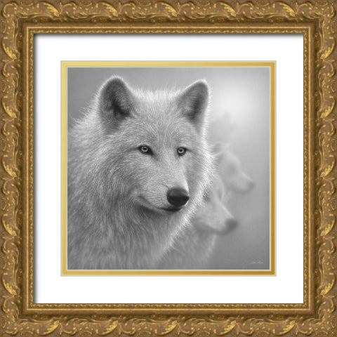 Arctic Wolves - Whiteout - BandW Gold Ornate Wood Framed Art Print with Double Matting by Bogle, Collin