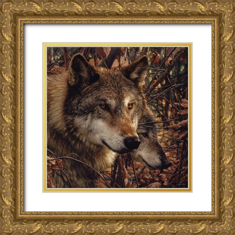 Autumn Wolves Gold Ornate Wood Framed Art Print with Double Matting by Bogle, Collin