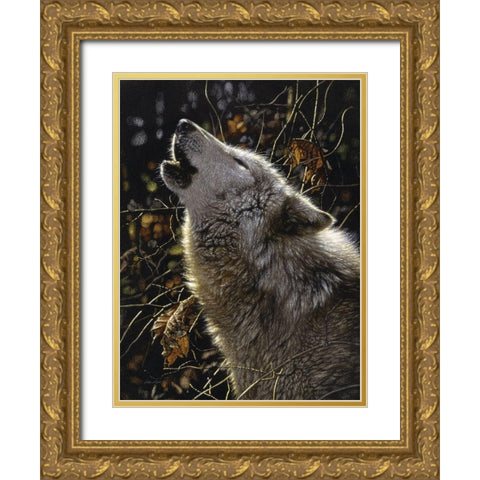 Howling Wolf - Songs of Autumn Gold Ornate Wood Framed Art Print with Double Matting by Bogle, Collin