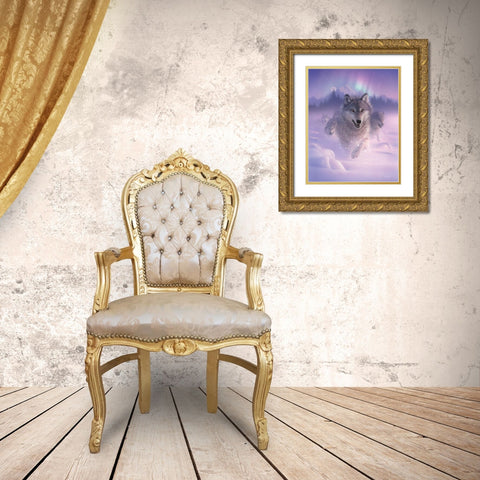 Running Wolves - Northern Lights Gold Ornate Wood Framed Art Print with Double Matting by Bogle, Collin