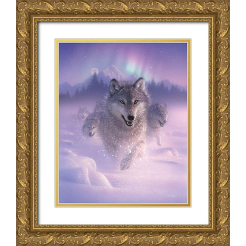 Running Wolves - Northern Lights Gold Ornate Wood Framed Art Print with Double Matting by Bogle, Collin
