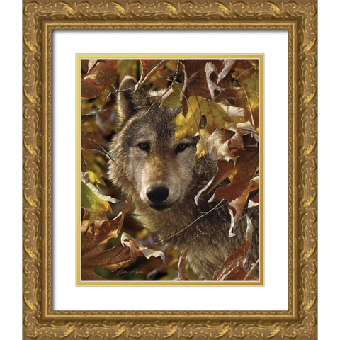 Wolf - Autumn Shadows Gold Ornate Wood Framed Art Print with Double Matting by Bogle, Collin