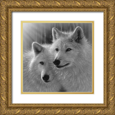 Wolves - Sunlit Soulmates - BandW Gold Ornate Wood Framed Art Print with Double Matting by Bogle, Collin