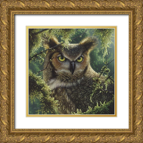 Great Horned Owl - Watching and Waiting Gold Ornate Wood Framed Art Print with Double Matting by Bogle, Collin