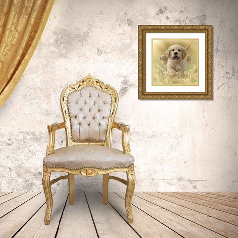 Golden Retriever Puppy - Dandelions - Square Gold Ornate Wood Framed Art Print with Double Matting by Bogle, Collin