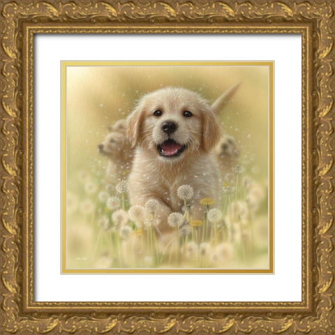 Golden Retriever Puppy - Dandelions - Square Gold Ornate Wood Framed Art Print with Double Matting by Bogle, Collin