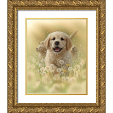 Golden Retriever Puppy - Dandelions Gold Ornate Wood Framed Art Print with Double Matting by Bogle, Collin