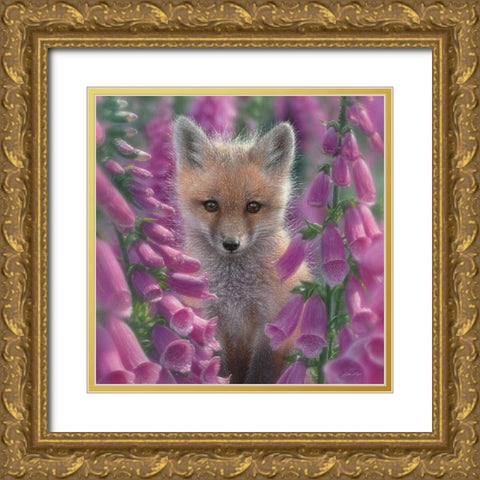 Red Fox - Foxgloves - Square Gold Ornate Wood Framed Art Print with Double Matting by Bogle, Collin