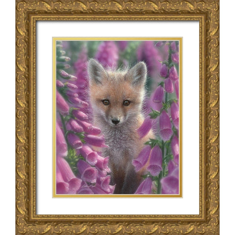 Red Fox - Foxgloves Gold Ornate Wood Framed Art Print with Double Matting by Bogle, Collin