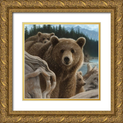 Brown Bears - Backpacking - Square Gold Ornate Wood Framed Art Print with Double Matting by Bogle, Collin