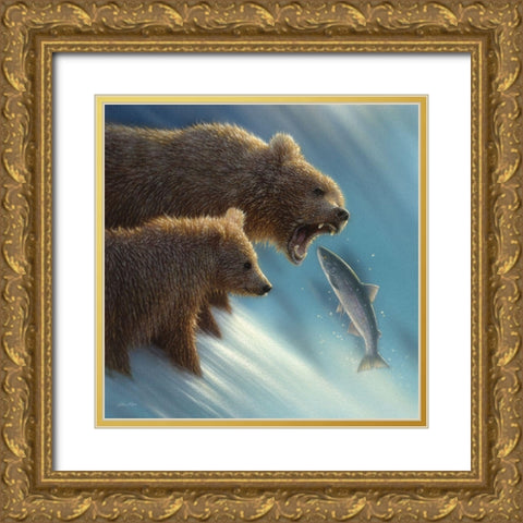 Brown Bears - Fishing Lesson Gold Ornate Wood Framed Art Print with Double Matting by Bogle, Collin