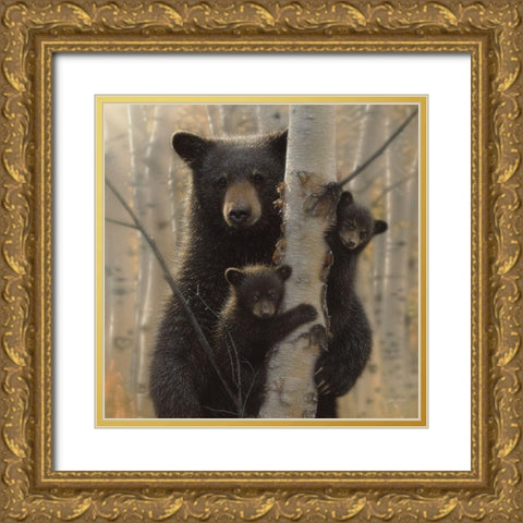 Black Bear Mother and Cubs - Mama Bear Gold Ornate Wood Framed Art Print with Double Matting by Bogle, Collin