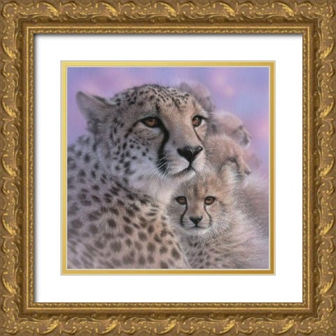 Cheetah Mother and Cubs - Mothers Love - Square Gold Ornate Wood Framed Art Print with Double Matting by Bogle, Collin