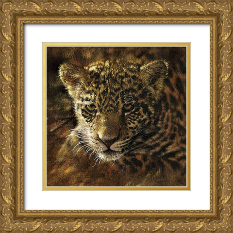 Jaguar Cub on Bark Gold Ornate Wood Framed Art Print with Double Matting by Bogle, Collin