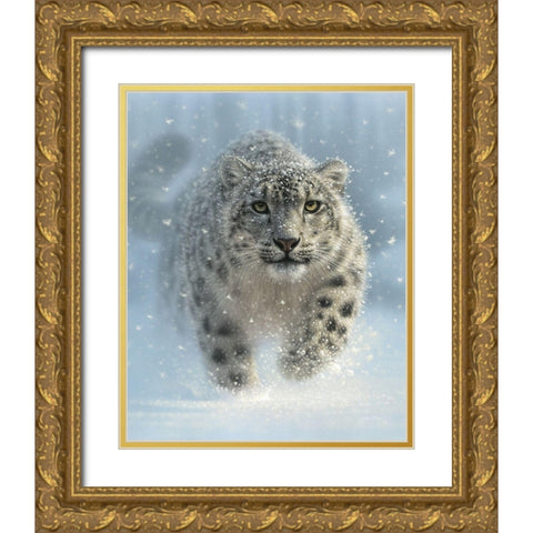 Snow Leopard - Snow Ghost - Vertical Gold Ornate Wood Framed Art Print with Double Matting by Bogle, Collin