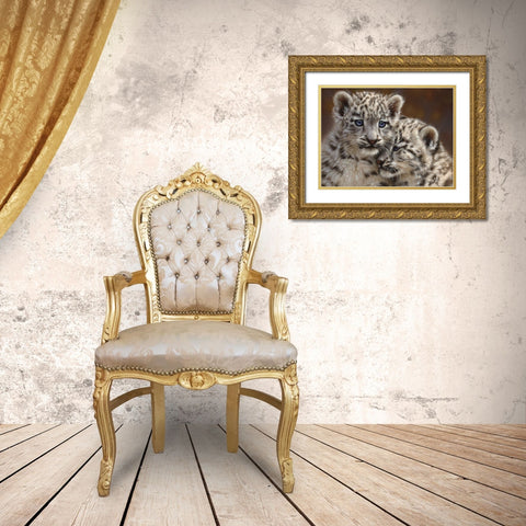 Snow Leopard Cubs - Playmates - Horizontal Gold Ornate Wood Framed Art Print with Double Matting by Bogle, Collin