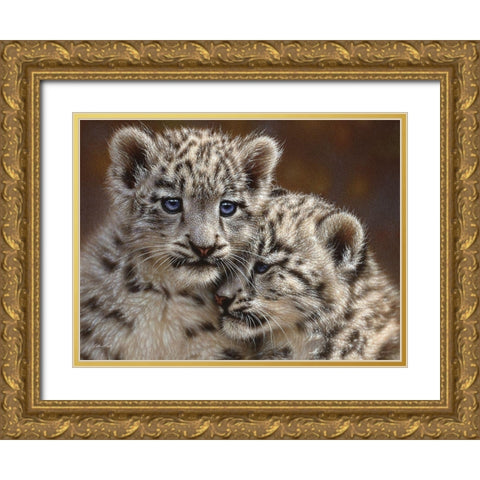 Snow Leopard Cubs - Playmates - Horizontal Gold Ornate Wood Framed Art Print with Double Matting by Bogle, Collin