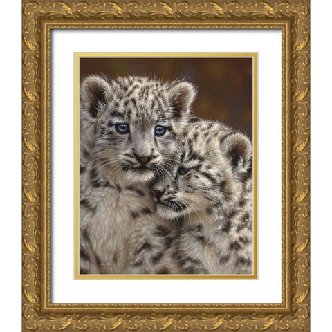 Snow Leopard Cubs - Playmates Gold Ornate Wood Framed Art Print with Double Matting by Bogle, Collin