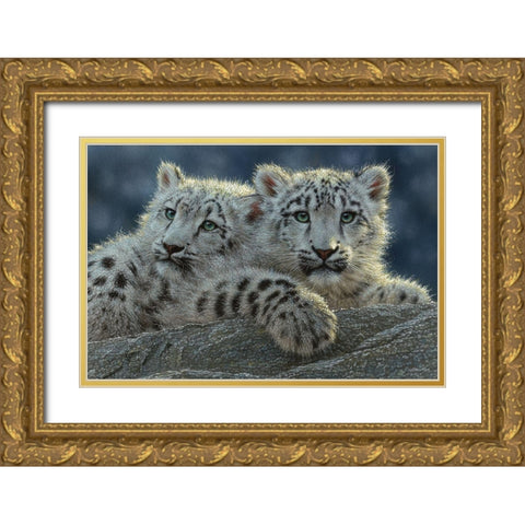 Snow Leopard Cubs Gold Ornate Wood Framed Art Print with Double Matting by Bogle, Collin