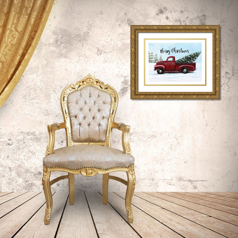 Merry Christmas - Red Truck Gold Ornate Wood Framed Art Print with Double Matting by Tyndall, Elizabeth